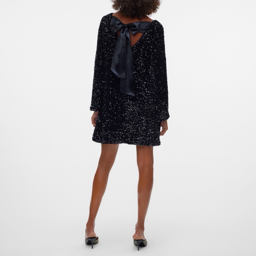 Black Sequin Bow Back Party Dress